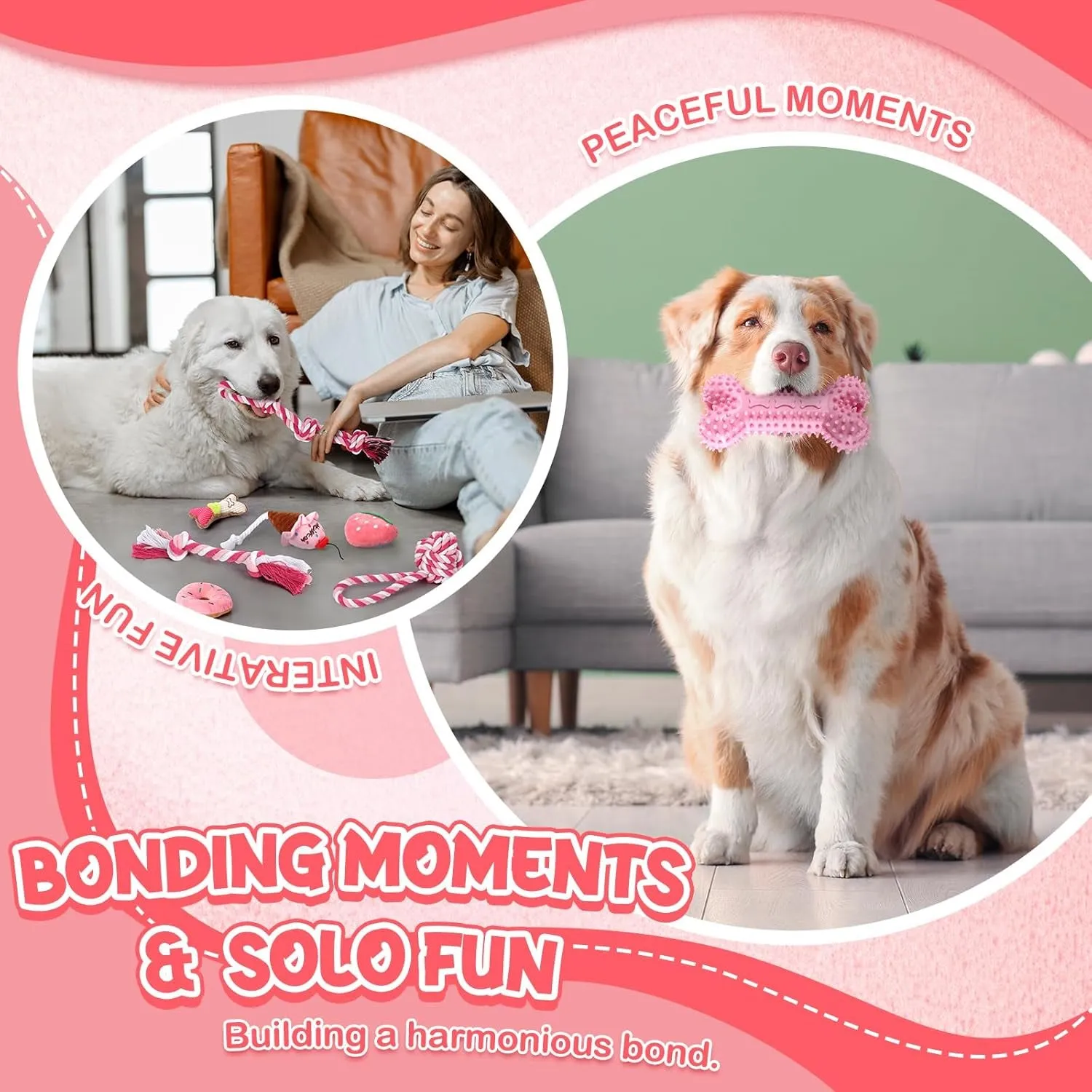 12 Pack Large Dog Chew Toys for Aggressive Chewers Pink Large Dog Teething Toys with Dental Rope Toys, Squeaky Toys, Treat Balls and Chew Bone for Medium, Large X-Large Breeds Dogs