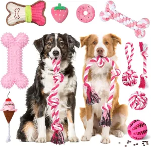 12 Pack Large Dog Chew Toys for Aggressive Chewers Pink Large Dog Teething Toys with Dental Rope Toys, Squeaky Toys, Treat Balls and Chew Bone for Medium, Large X-Large Breeds Dogs