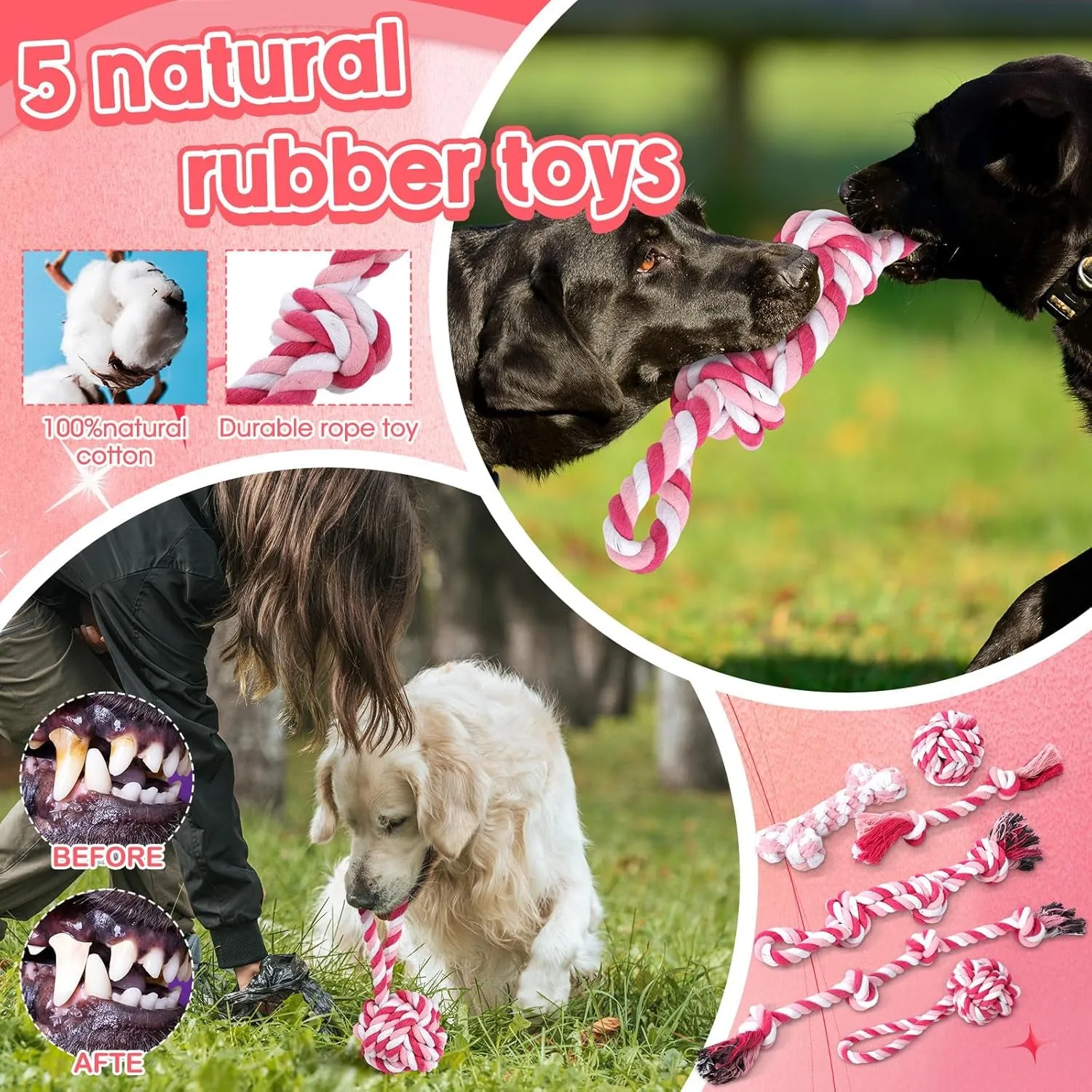 12 Pack Large Dog Chew Toys for Aggressive Chewers Pink Large Dog Teething Toys with Dental Rope Toys, Squeaky Toys, Treat Balls and Chew Bone for Medium, Large X-Large Breeds Dogs