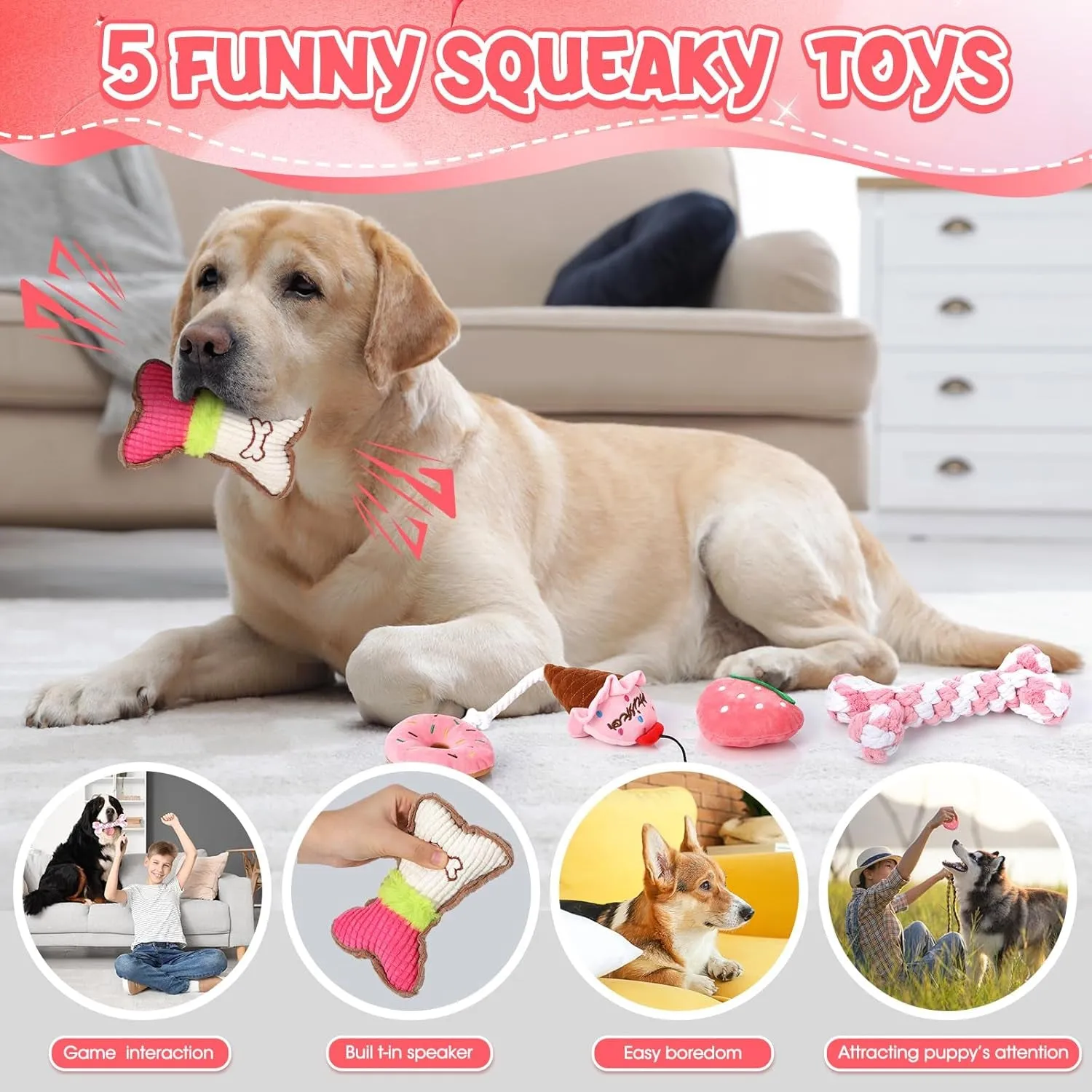 12 Pack Large Dog Chew Toys for Aggressive Chewers Pink Large Dog Teething Toys with Dental Rope Toys, Squeaky Toys, Treat Balls and Chew Bone for Medium, Large X-Large Breeds Dogs