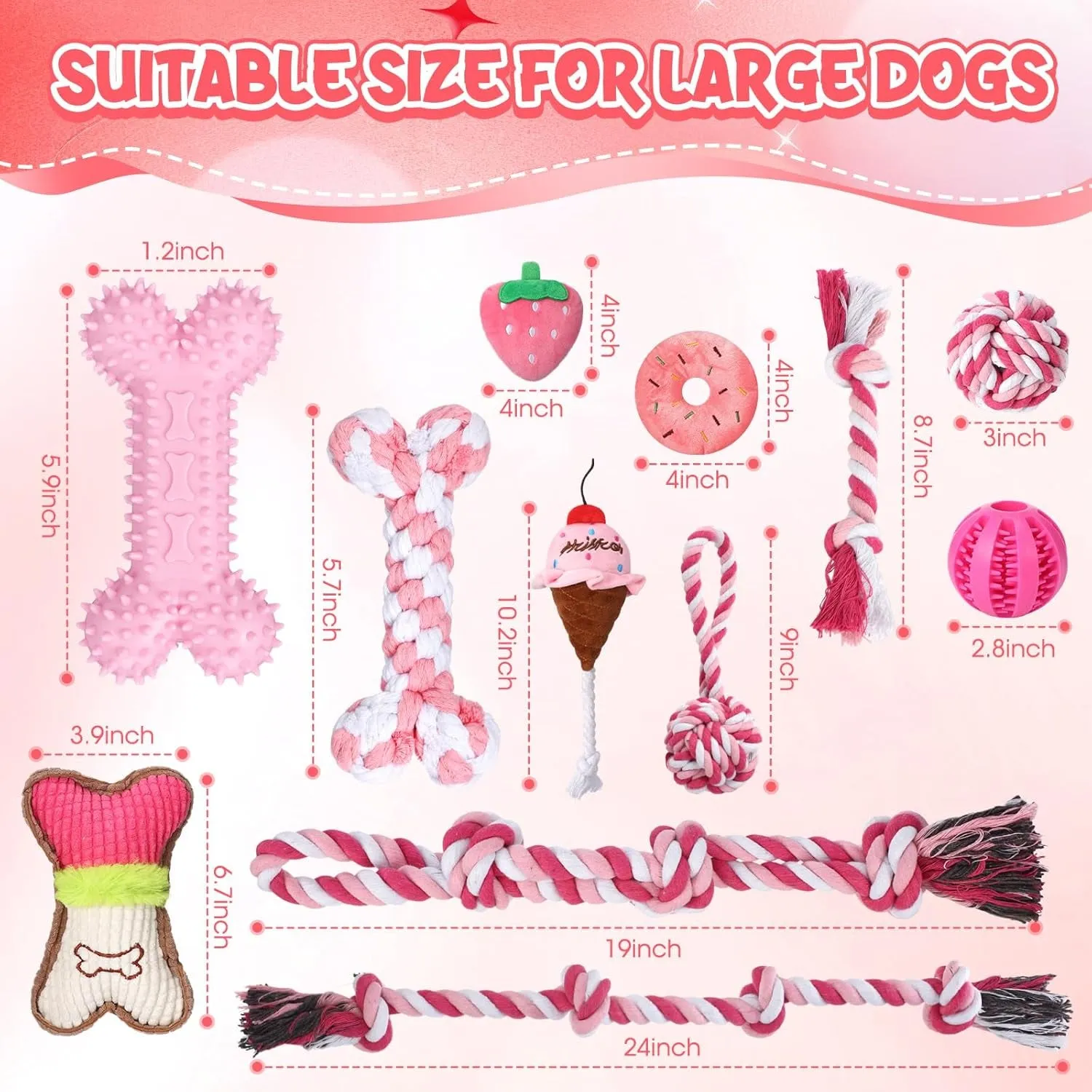 12 Pack Large Dog Chew Toys for Aggressive Chewers Pink Large Dog Teething Toys with Dental Rope Toys, Squeaky Toys, Treat Balls and Chew Bone for Medium, Large X-Large Breeds Dogs