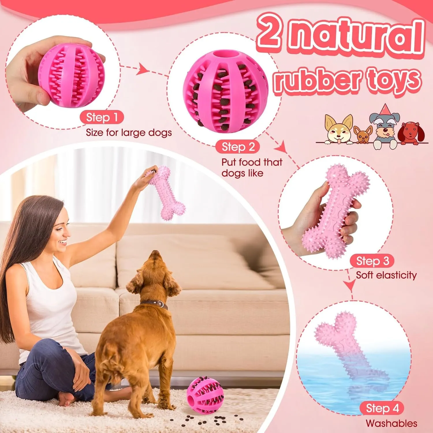 12 Pack Large Dog Chew Toys for Aggressive Chewers Pink Large Dog Teething Toys with Dental Rope Toys, Squeaky Toys, Treat Balls and Chew Bone for Medium, Large X-Large Breeds Dogs