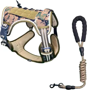 [2 in 1] Tactical Dog Vest Harness with Adjustable D-Ring, Along with Heavy Duty Padded Reflective Leash for Small to Large Dogs (Green Camouflage, Small)