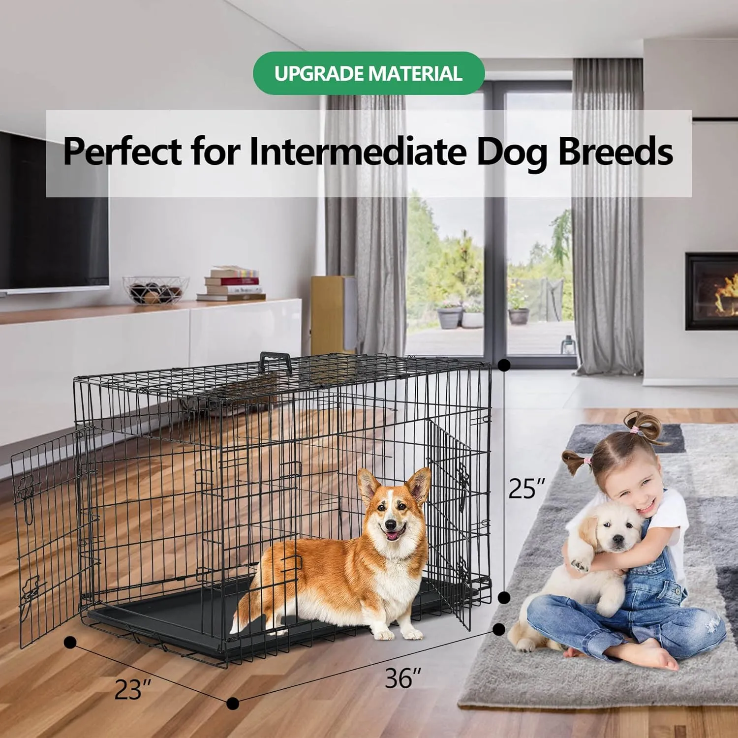 36 Inch Large Dog Crate, Heavy Duty Dog Crates for Large Dogs, Metal Wire Folding Dog Cage with Removable Trays, Locks, Double-Door, Divider Panel, Handle, Puppy Crate Pet Crate (36 in, Black)