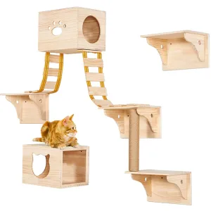 9pcs Wall Wood Climber Set - 2 Cat Condos Houses & 4 Shelves & 2 Ladders & 1 Sisal Cat Scratching Post Cat Steps, Perch & Bed