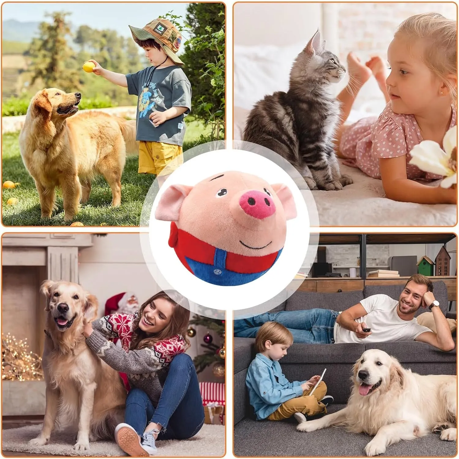 Active Moving Pet Plush Toy, Interactive Dog Toys Pet Bouncing Balls, USB Rechargeable Interactive Washable Cartoon Pig Plush Sound Electronic Dog Toy, Small Cute Squeaky Pig Dog Toy (Red)