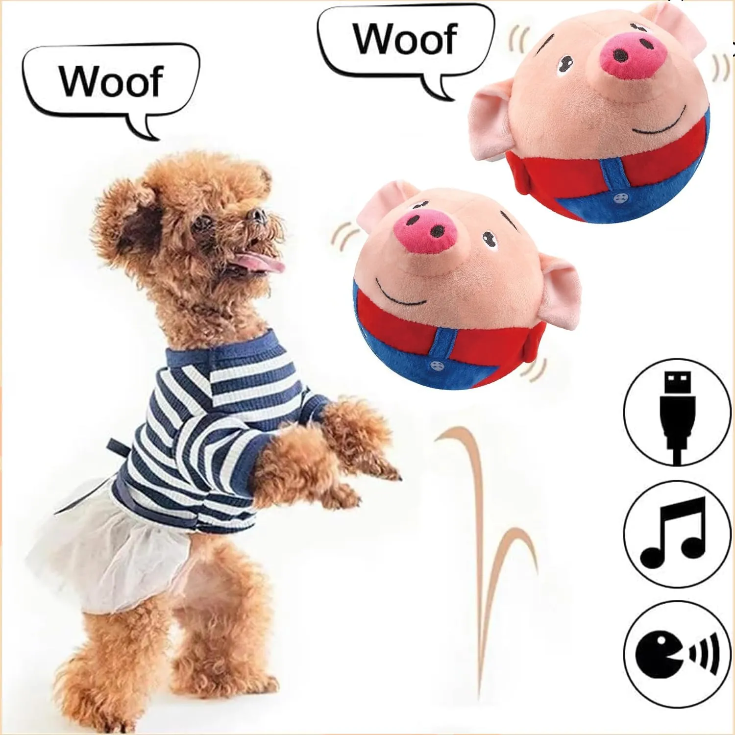 Active Moving Pet Plush Toy, Interactive Dog Toys Pet Bouncing Balls, USB Rechargeable Interactive Washable Cartoon Pig Plush Sound Electronic Dog Toy, Small Cute Squeaky Pig Dog Toy (Red)