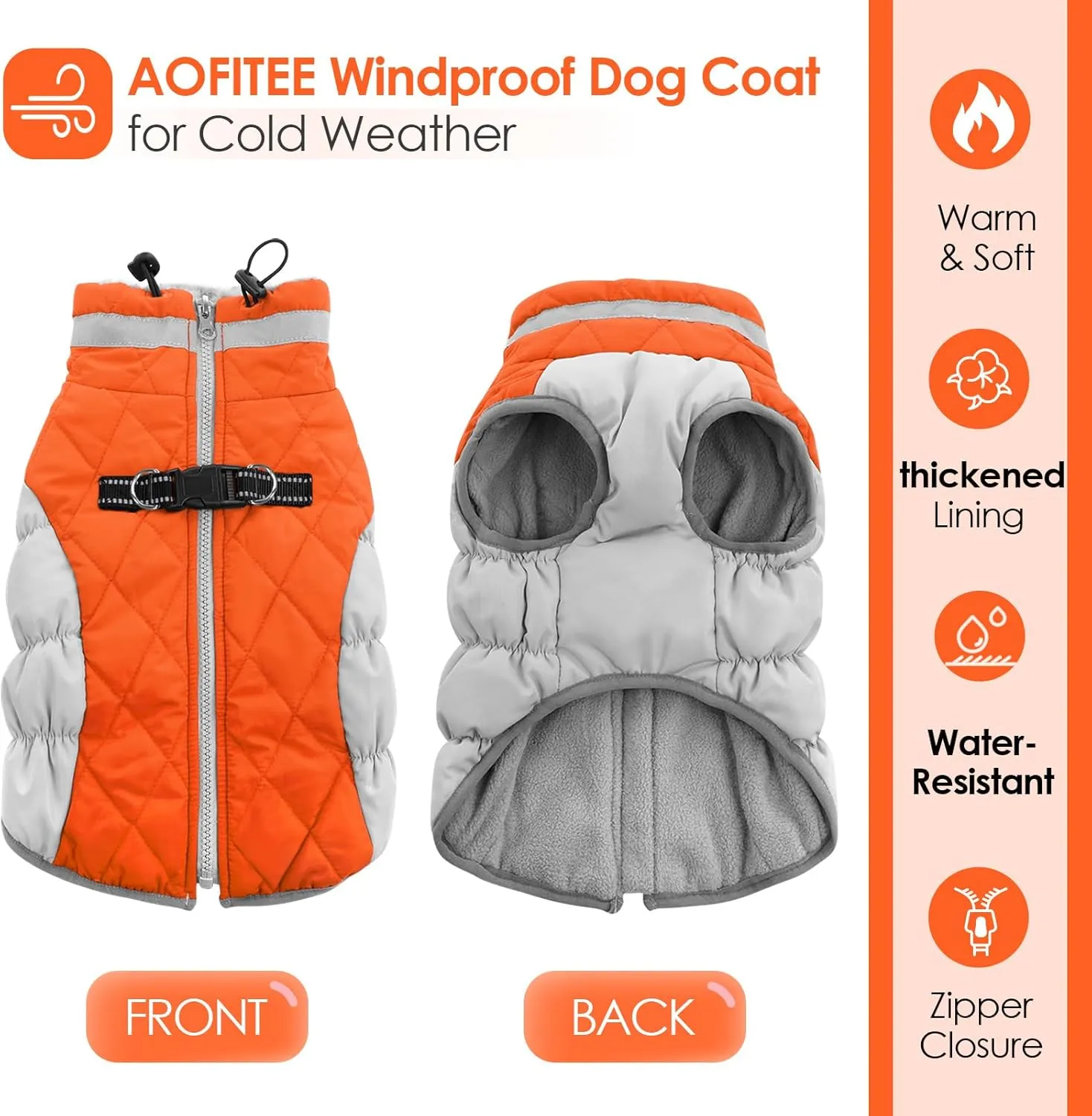 AOFITEE Dog Coat, Warm Dog Jackets for Small Dogs, Dogs Winter Coat with Harness Built in, Reflective Pet Winter Jacket, Waterproof Windproof Puppy Puffer Jacket Fleece Vest, Orange XS