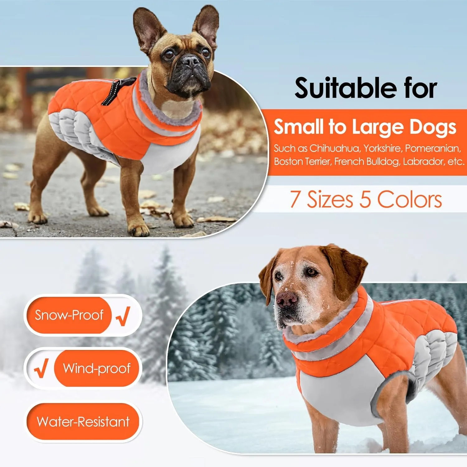 AOFITEE Dog Coat, Warm Dog Jackets for Small Dogs, Dogs Winter Coat with Harness Built in, Reflective Pet Winter Jacket, Waterproof Windproof Puppy Puffer Jacket Fleece Vest, Orange XS