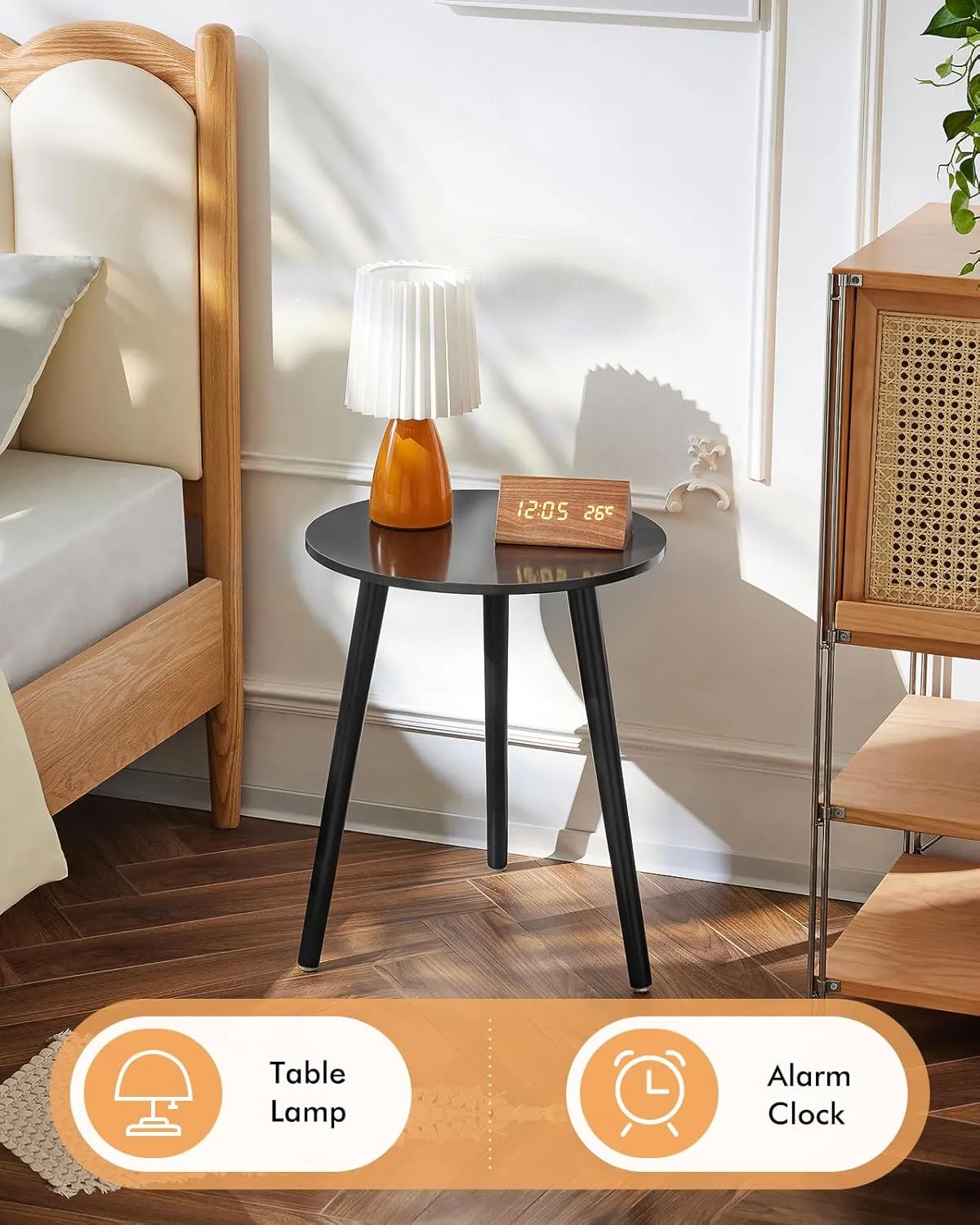 Apicizon Round Side Table Set of 2, Black Nightstand Coffee End Table for Living Room, Bedroom, Small Spaces, Morden Side Table Home Decor Bedside with Wood Legs, 16.5 x 20.5 Inches