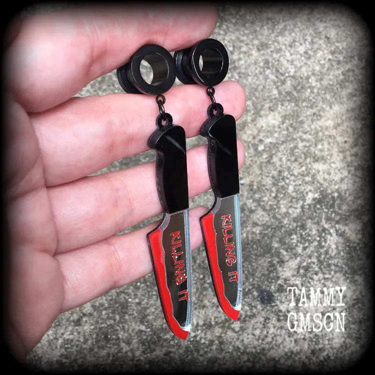 Bloodied knife tunnel earrings-Murder weapon ear gauges