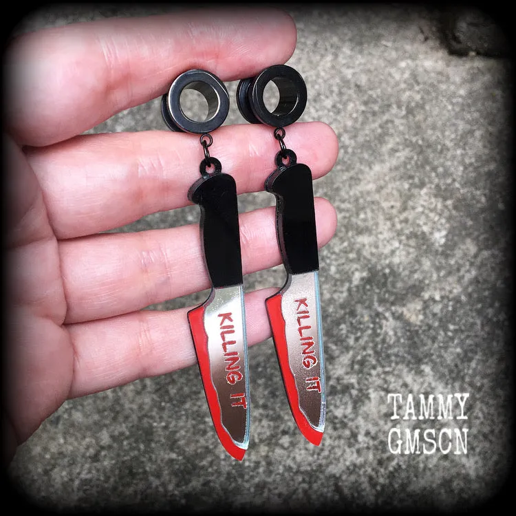 Bloodied knife tunnel earrings-Murder weapon ear gauges