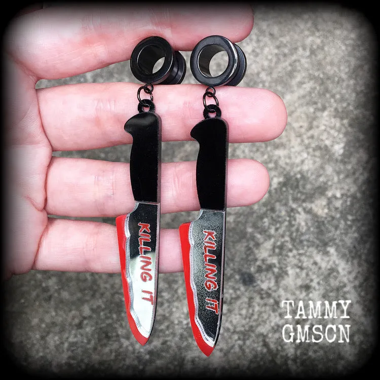 Bloodied knife tunnel earrings-Murder weapon ear gauges