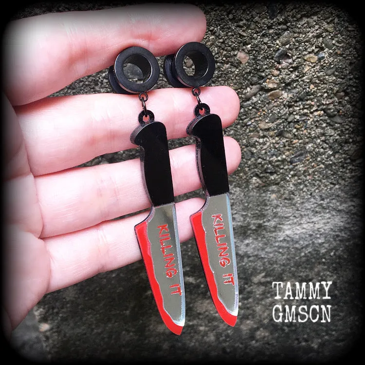 Bloodied knife tunnel earrings-Murder weapon ear gauges