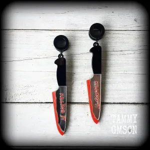 Bloodied knife tunnel earrings-Murder weapon ear gauges