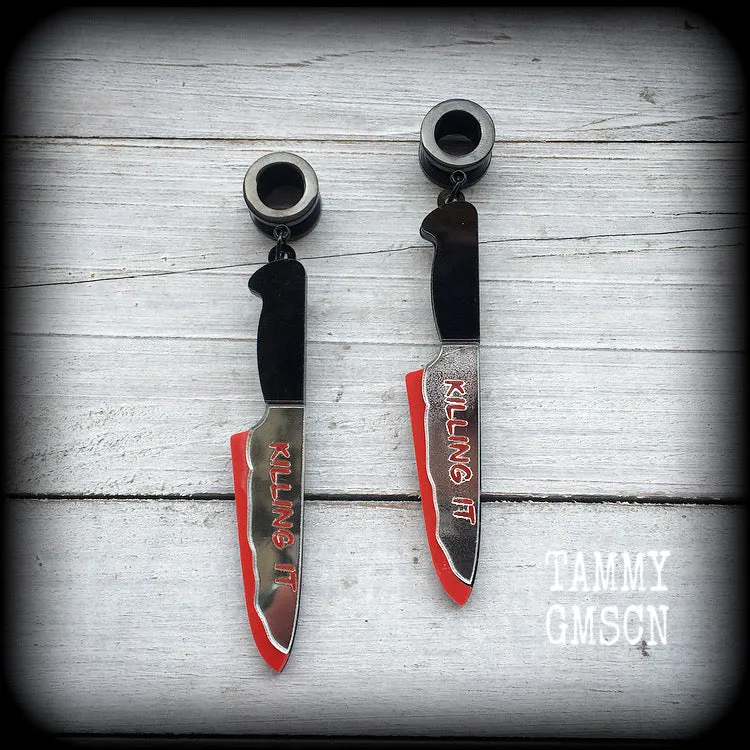 Bloodied knife tunnel earrings-Murder weapon ear gauges