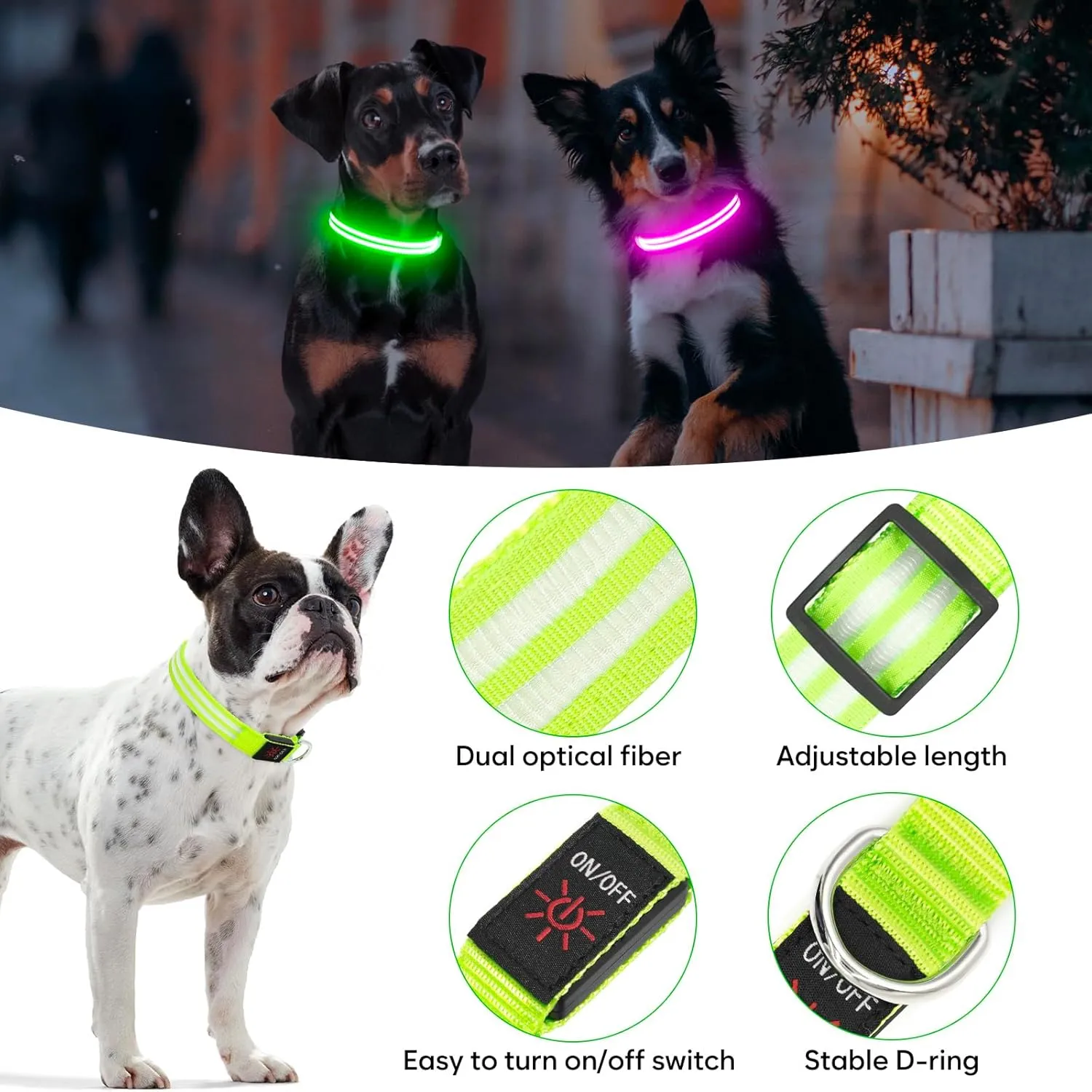 BSEEN Light Up Dog Collar - High Visibility LED Dog Collar Rechargeable, Double Line Fiber Optic Glow in The Dark Dog Collars, Safety Dog Lights for Night Walking (Green, Large)