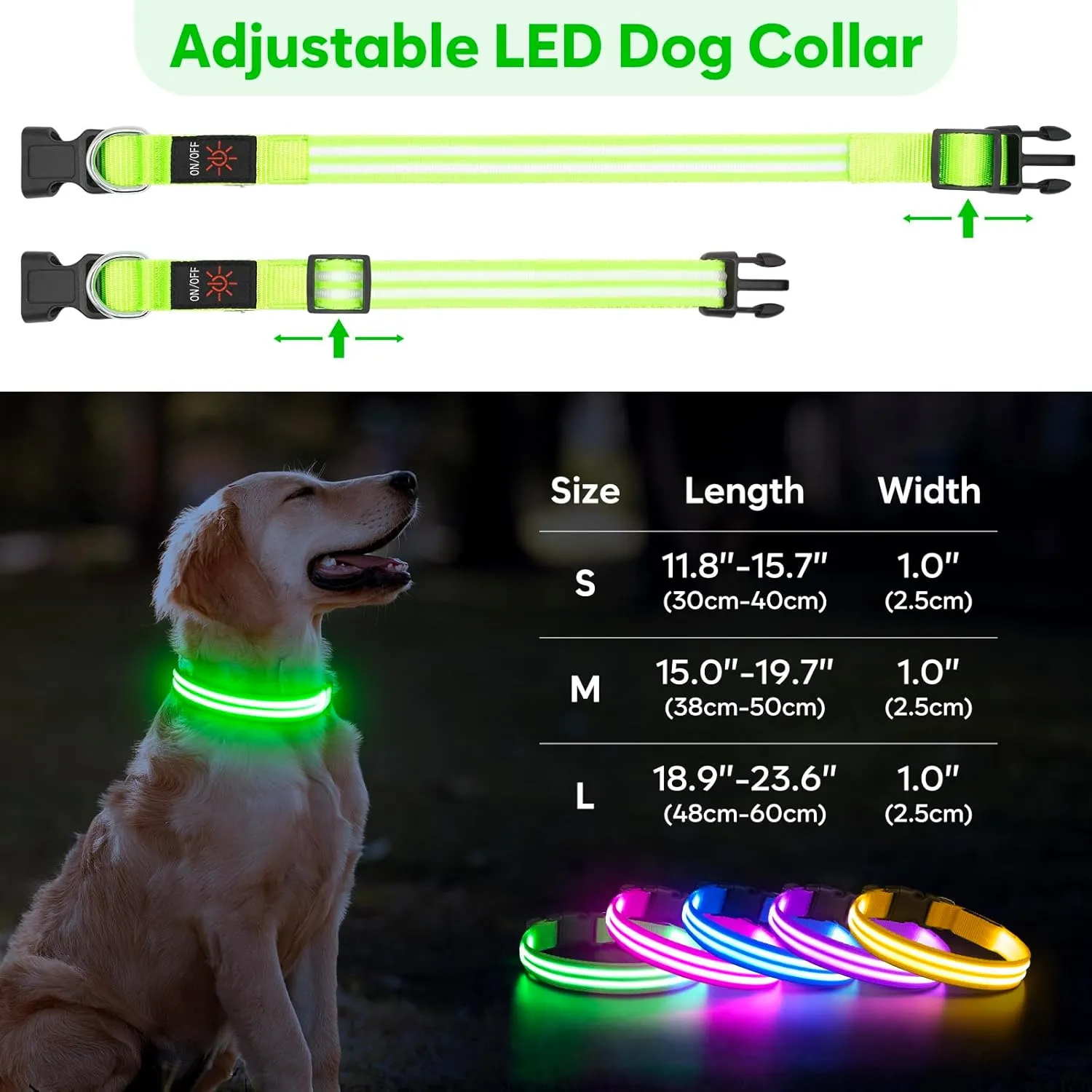 BSEEN Light Up Dog Collar - High Visibility LED Dog Collar Rechargeable, Double Line Fiber Optic Glow in The Dark Dog Collars, Safety Dog Lights for Night Walking (Green, Large)