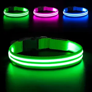 BSEEN Light Up Dog Collar - High Visibility LED Dog Collar Rechargeable, Double Line Fiber Optic Glow in The Dark Dog Collars, Safety Dog Lights for Night Walking (Green, Large)
