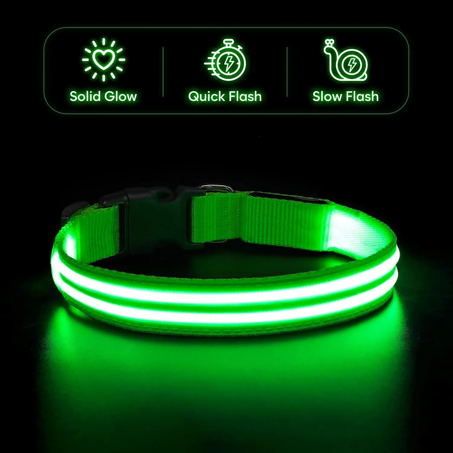 BSEEN Light Up Dog Collar - High Visibility LED Dog Collar Rechargeable, Double Line Fiber Optic Glow in The Dark Dog Collars, Safety Dog Lights for Night Walking (Green, Large)