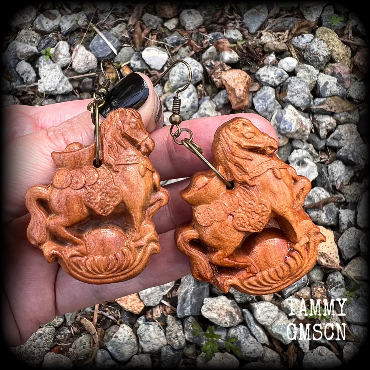Carved wood horse earrings-Chinese zodiac earrings