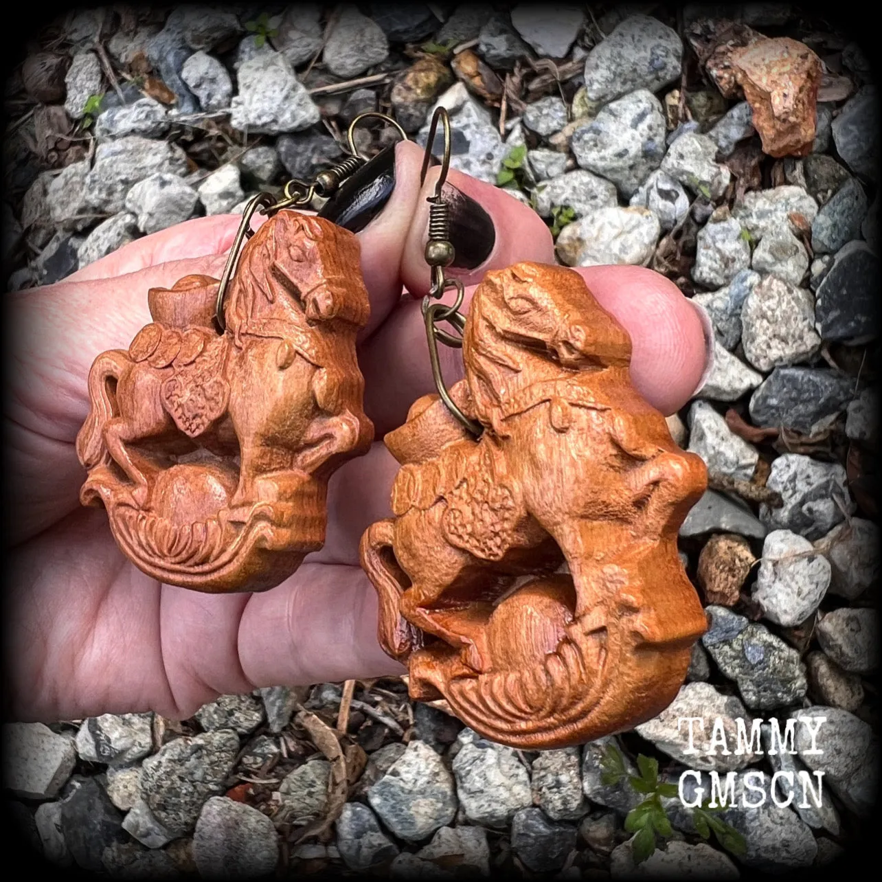 Carved wood horse earrings-Chinese zodiac earrings