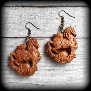 Carved wood horse earrings-Chinese zodiac earrings