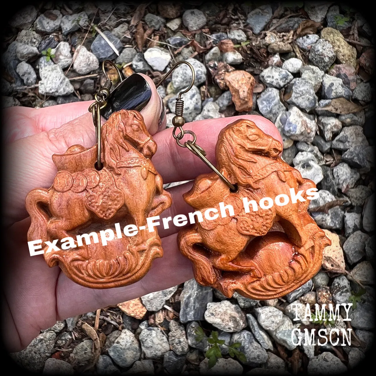 Carved wood horse earrings-Chinese zodiac earrings
