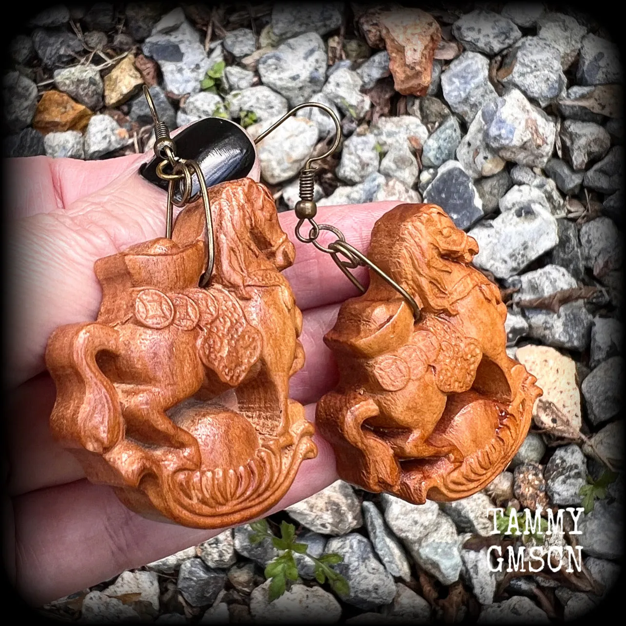 Carved wood horse earrings-Chinese zodiac earrings