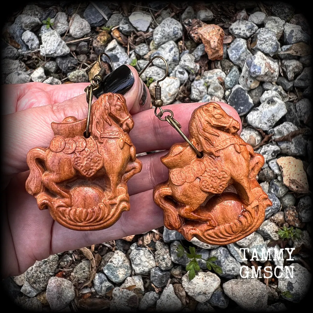 Carved wood horse earrings-Chinese zodiac earrings