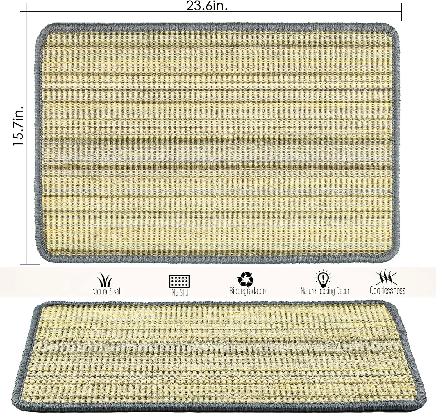 Cat Scratching Pad, 23.6 x 15.7inch Sisal Scratch Mat With Velcro Tapes, Stick on Floor Pad for Wall Scratcher, Horizontal Scratcher Protect Carpets and Sofa (Striped Style)