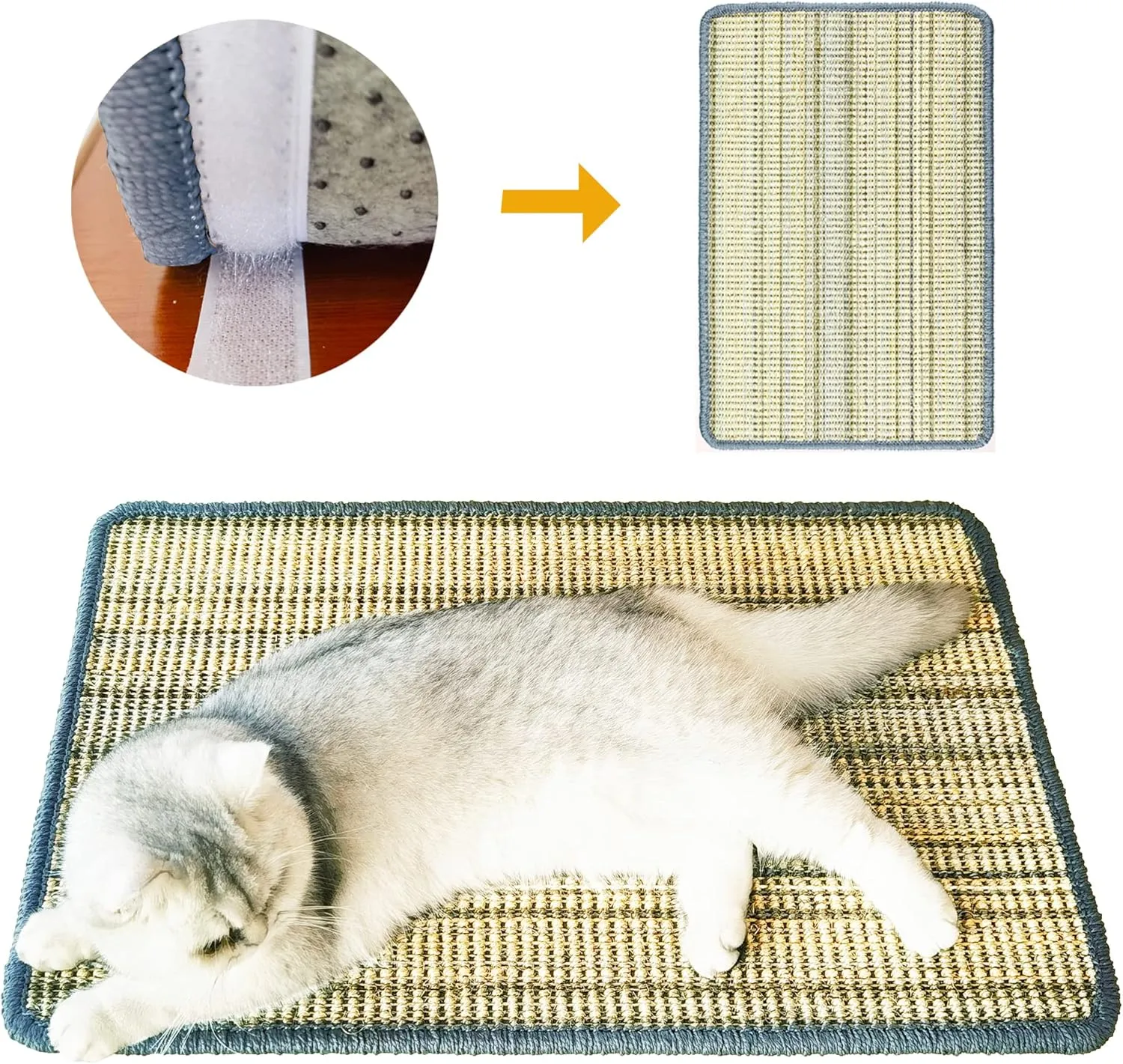 Cat Scratching Pad, 23.6 x 15.7inch Sisal Scratch Mat With Velcro Tapes, Stick on Floor Pad for Wall Scratcher, Horizontal Scratcher Protect Carpets and Sofa (Striped Style)
