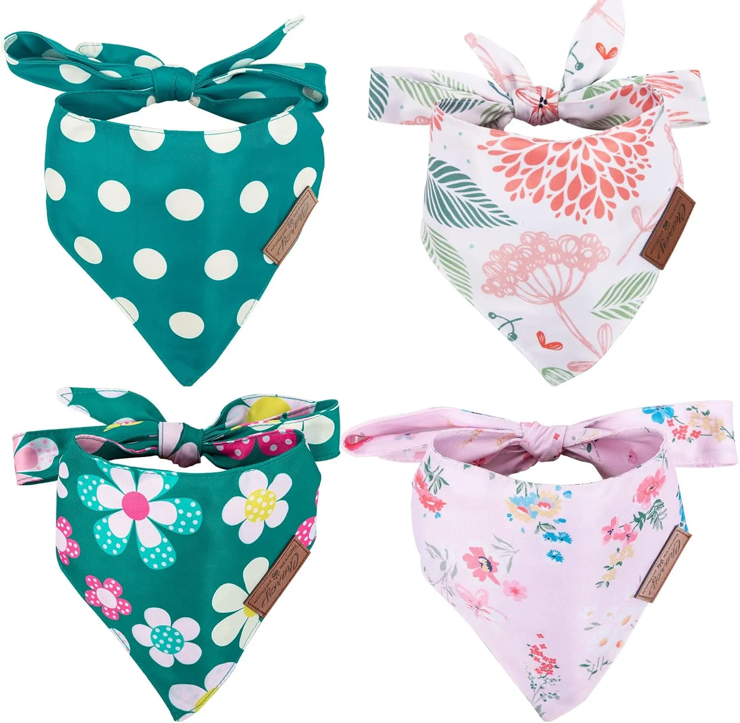 Charcy Dog Bandanas 4 Pack - Fall Bandanas for Boy & Girl, Adjustable Dog Scarf, Durable, Unique Design - Colorful Flower Large