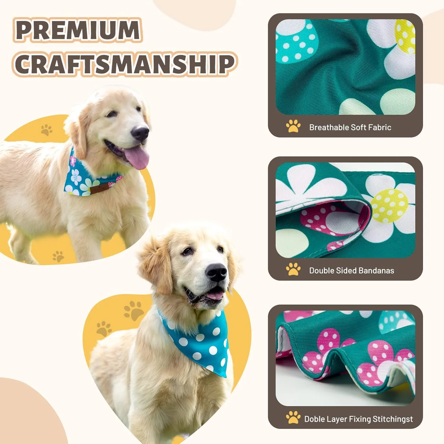 Charcy Dog Bandanas 4 Pack - Fall Bandanas for Boy & Girl, Adjustable Dog Scarf, Durable, Unique Design - Colorful Flower Large