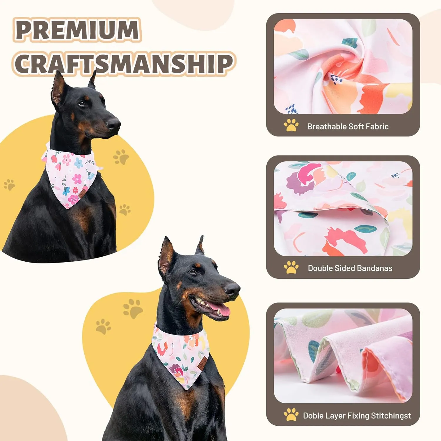 Charcy Dog Bandanas 4 Pack, Fall Dog Bandana Boy Girl for Holiday Birthday, Adjustable Durable Dog Scarf, Unique Design - Watercolor Flower Large