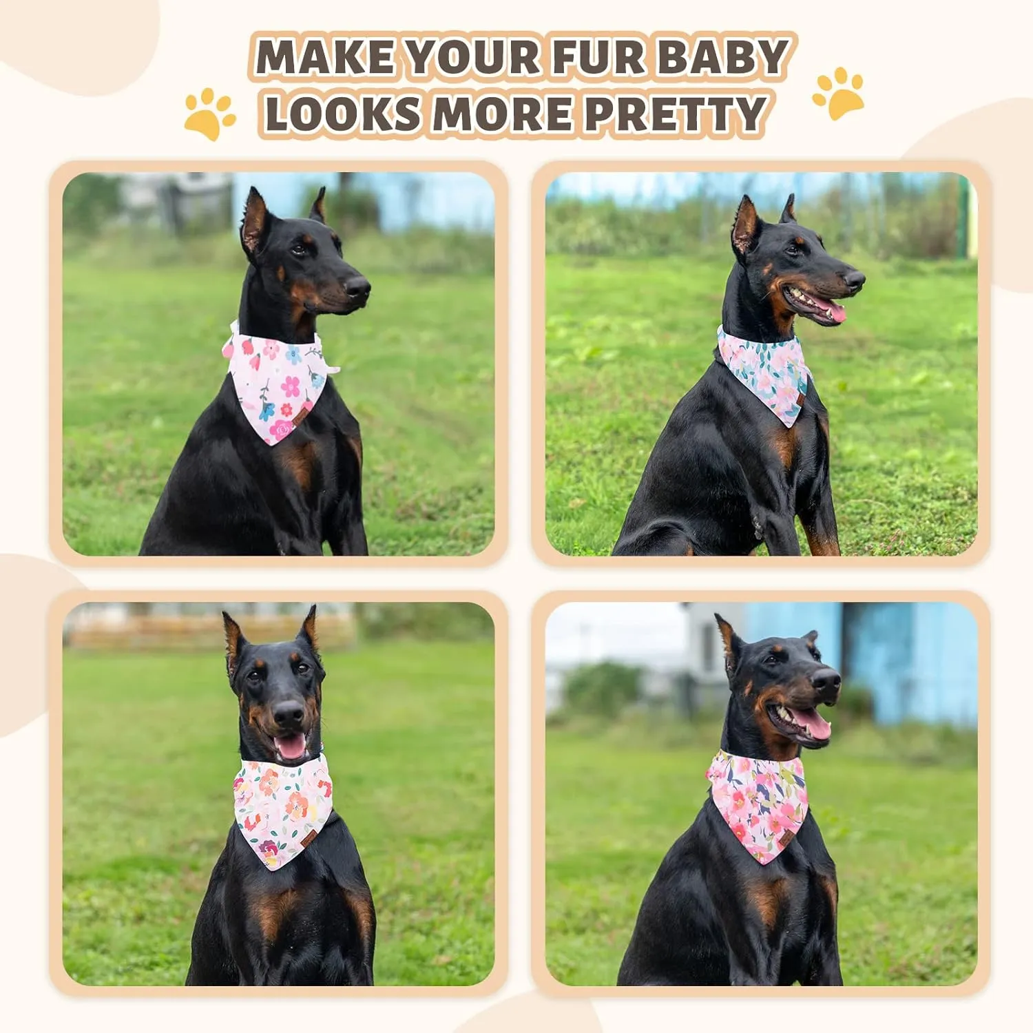 Charcy Dog Bandanas 4 Pack, Fall Dog Bandana Boy Girl for Holiday Birthday, Adjustable Durable Dog Scarf, Unique Design - Watercolor Flower Large