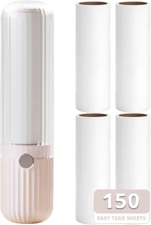 Compact Lint Roller with 150 Sheets - Portable Pet Hair Remover for Clothes, Furniture, and Travel Essentials Household Use, 1 Handle 5 Roller Refills (Pink)