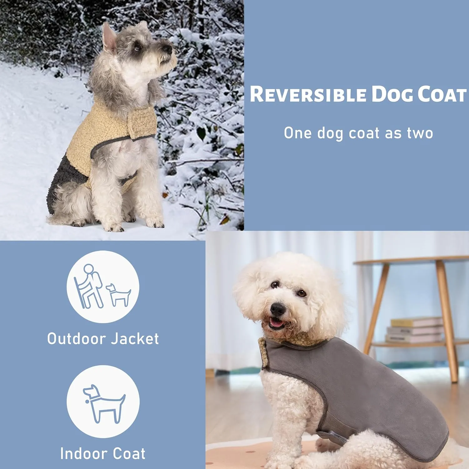 Cyeollo Warm Dog Coat - Sherpa Winter Jacket, Reversible Fleece, Soft Cold Weather Dog Clothes, Khaki XL with Leash Hole