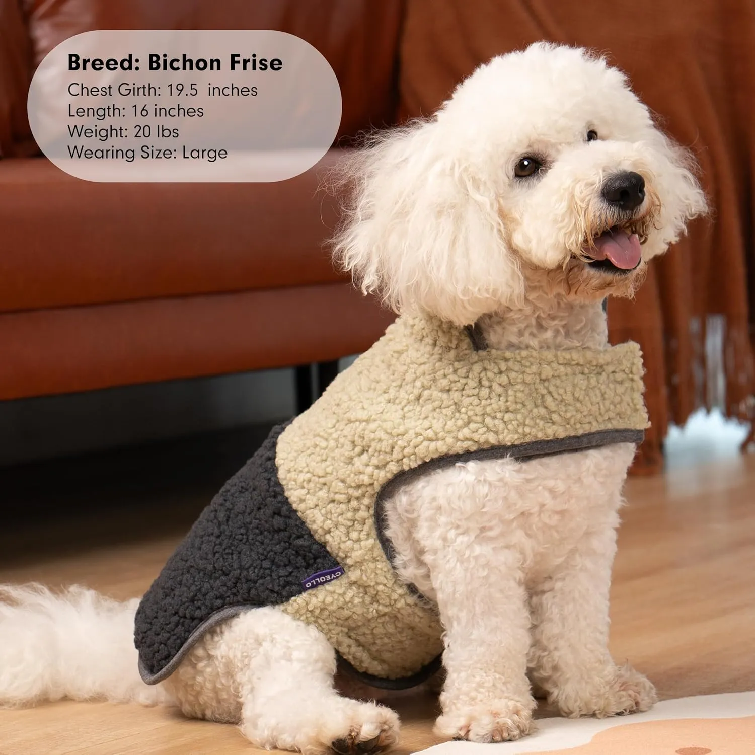 Cyeollo Warm Dog Coat - Sherpa Winter Jacket, Reversible Fleece, Soft Cold Weather Dog Clothes, Khaki XL with Leash Hole