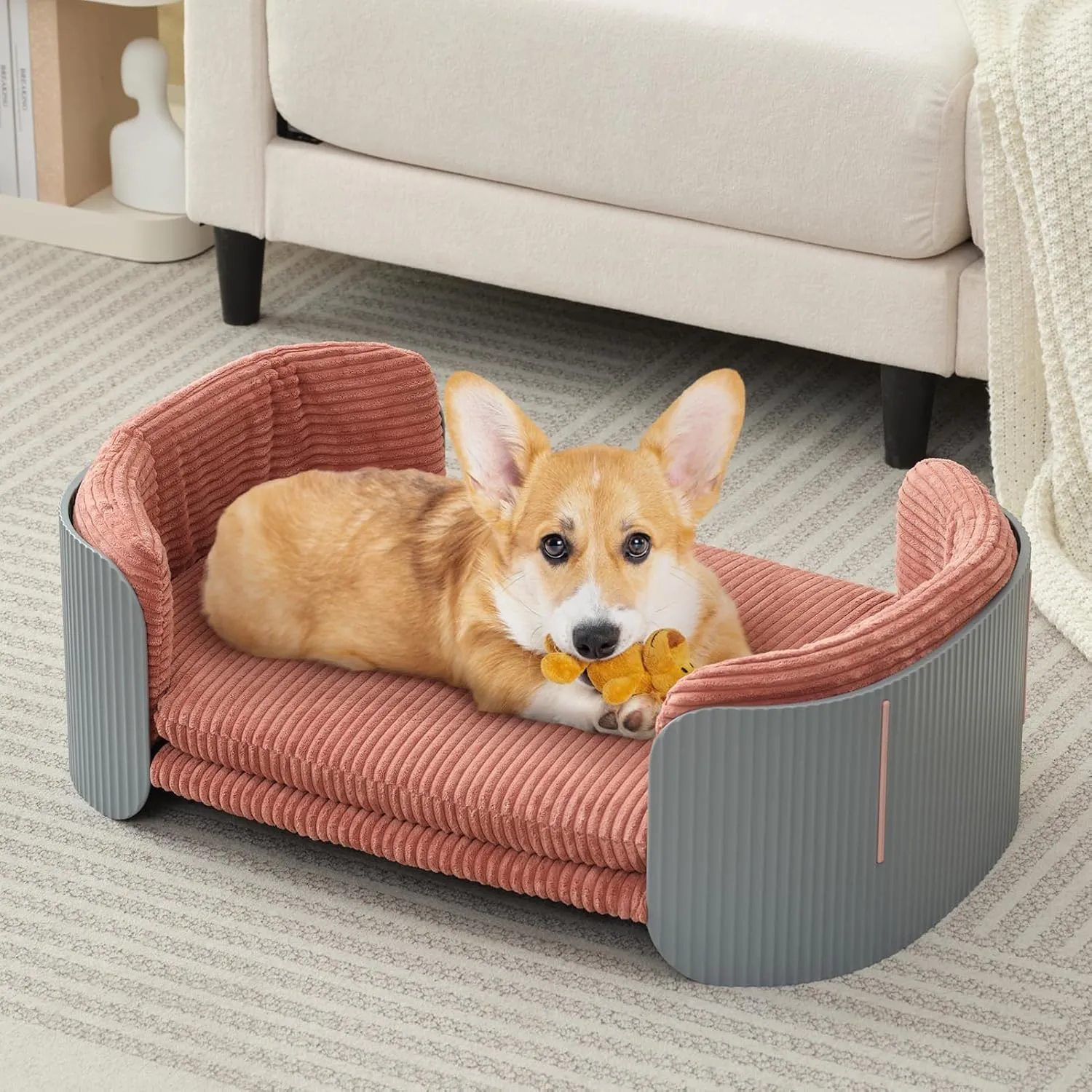 Dog Bed for Medium Small Size Washable Pink Flannel Soft Sofa Beds for Dogs Orthopedic Memory Rebound Foam Couch Puppy Essentials Anti-Scratch Grey PP Frame Indoor Elevated Pet Beds