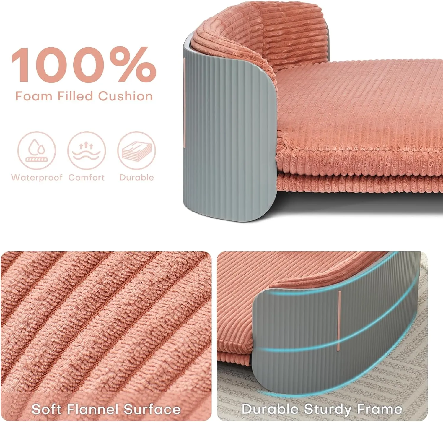 Dog Bed for Medium Small Size Washable Pink Flannel Soft Sofa Beds for Dogs Orthopedic Memory Rebound Foam Couch Puppy Essentials Anti-Scratch Grey PP Frame Indoor Elevated Pet Beds