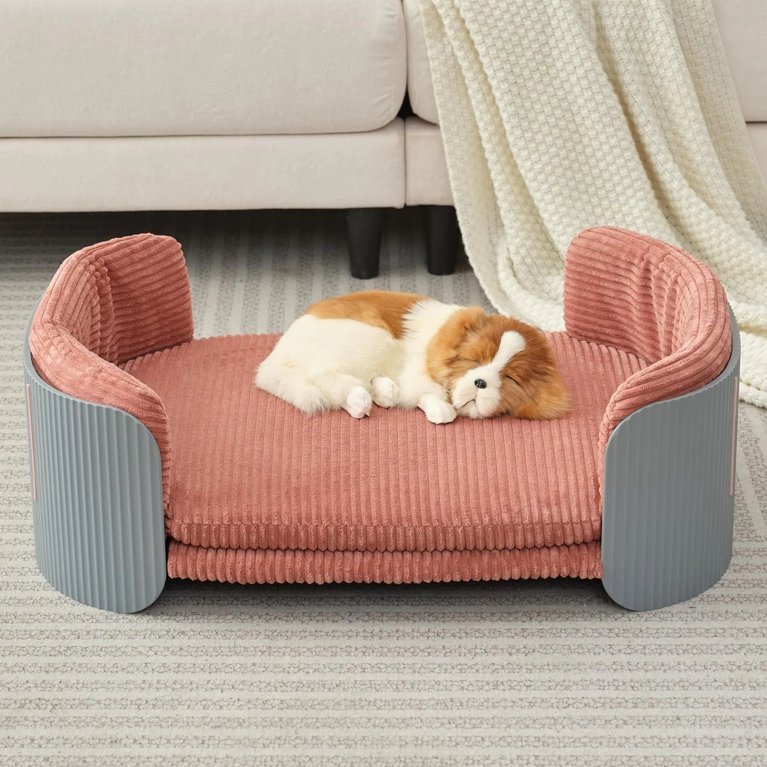 Dog Bed for Medium Small Size Washable Pink Flannel Soft Sofa Beds for Dogs Orthopedic Memory Rebound Foam Couch Puppy Essentials Anti-Scratch Grey PP Frame Indoor Elevated Pet Beds