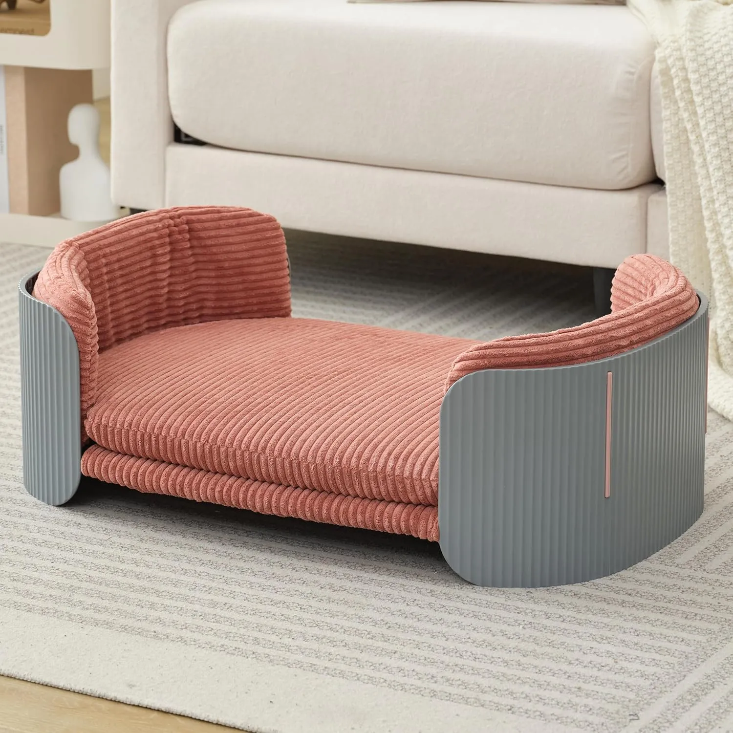Dog Bed for Medium Small Size Washable Pink Flannel Soft Sofa Beds for Dogs Orthopedic Memory Rebound Foam Couch Puppy Essentials Anti-Scratch Grey PP Frame Indoor Elevated Pet Beds