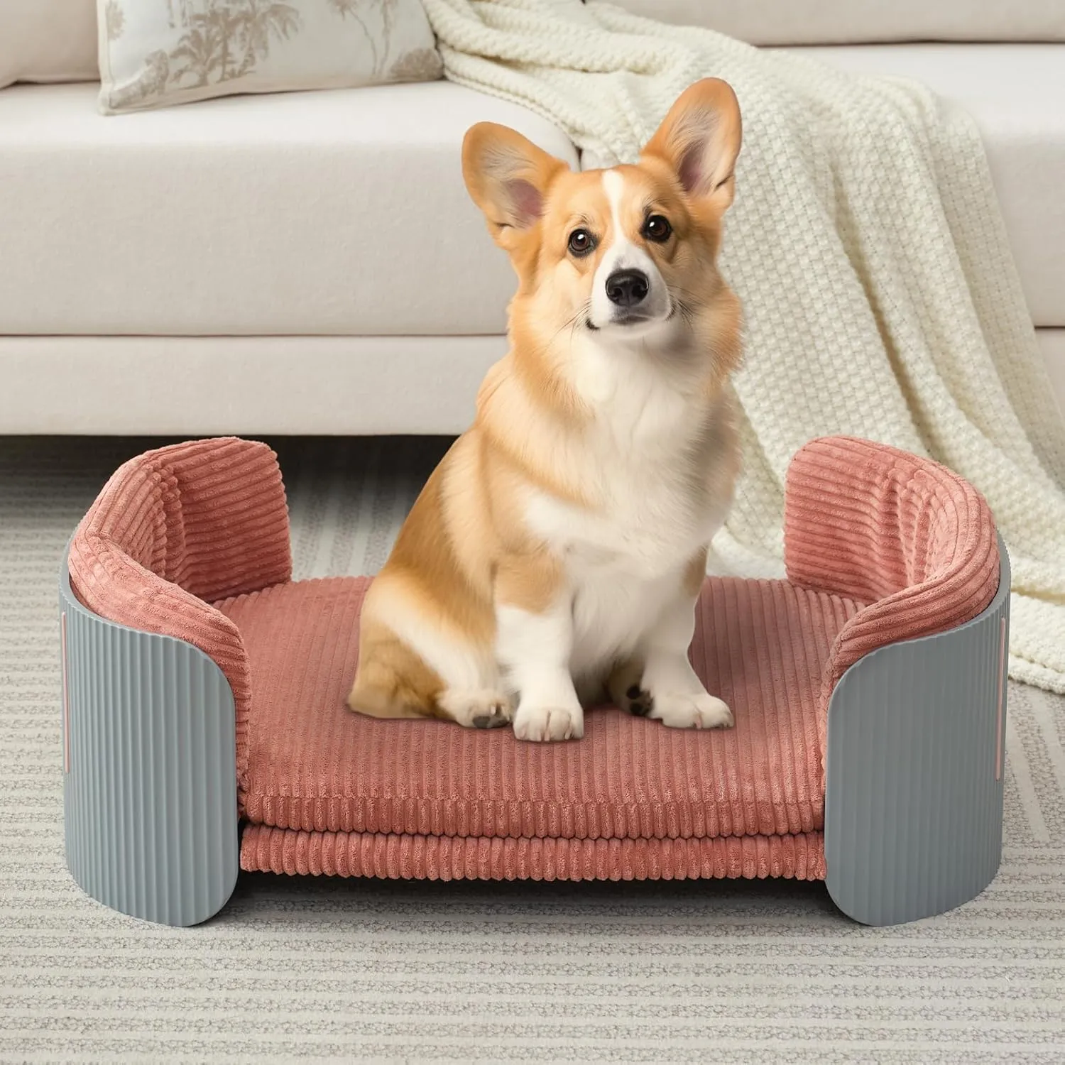 Dog Bed for Medium Small Size Washable Pink Flannel Soft Sofa Beds for Dogs Orthopedic Memory Rebound Foam Couch Puppy Essentials Anti-Scratch Grey PP Frame Indoor Elevated Pet Beds