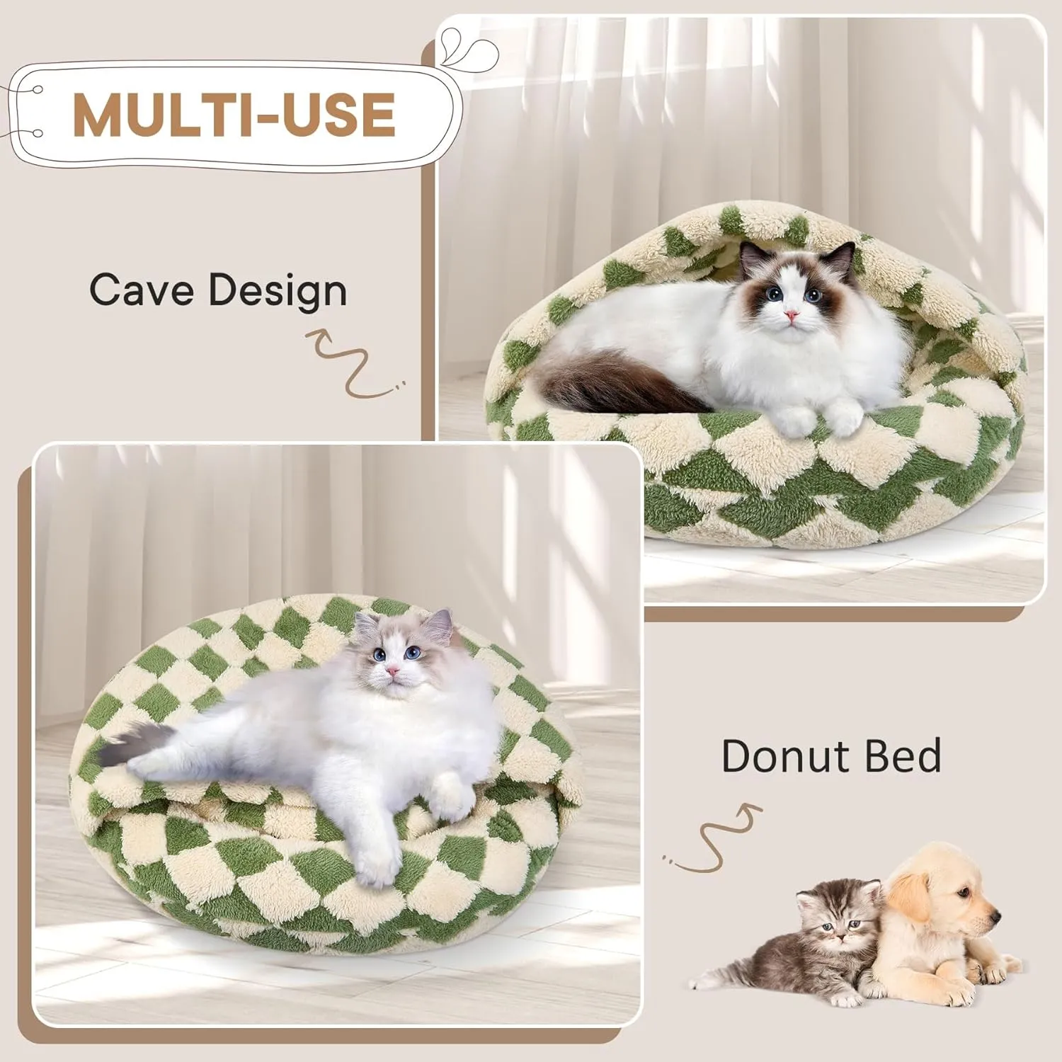Dog Beds for Small Dogs, Cat Bed Cave, Washable Cute Cat Bed, Cozy Nook Pet Bed for Dogs or Cats, Anti-Slip Puppy Bed Fits up to 4 lbs Pets(Green, 15.8" x 15.8")