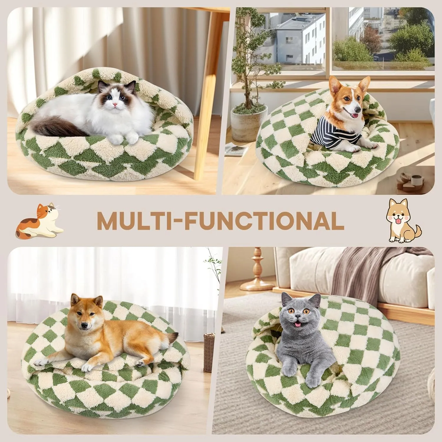 Dog Beds for Small Dogs, Cat Bed Cave, Washable Cute Cat Bed, Cozy Nook Pet Bed for Dogs or Cats, Anti-Slip Puppy Bed Fits up to 4 lbs Pets(Green, 15.8" x 15.8")