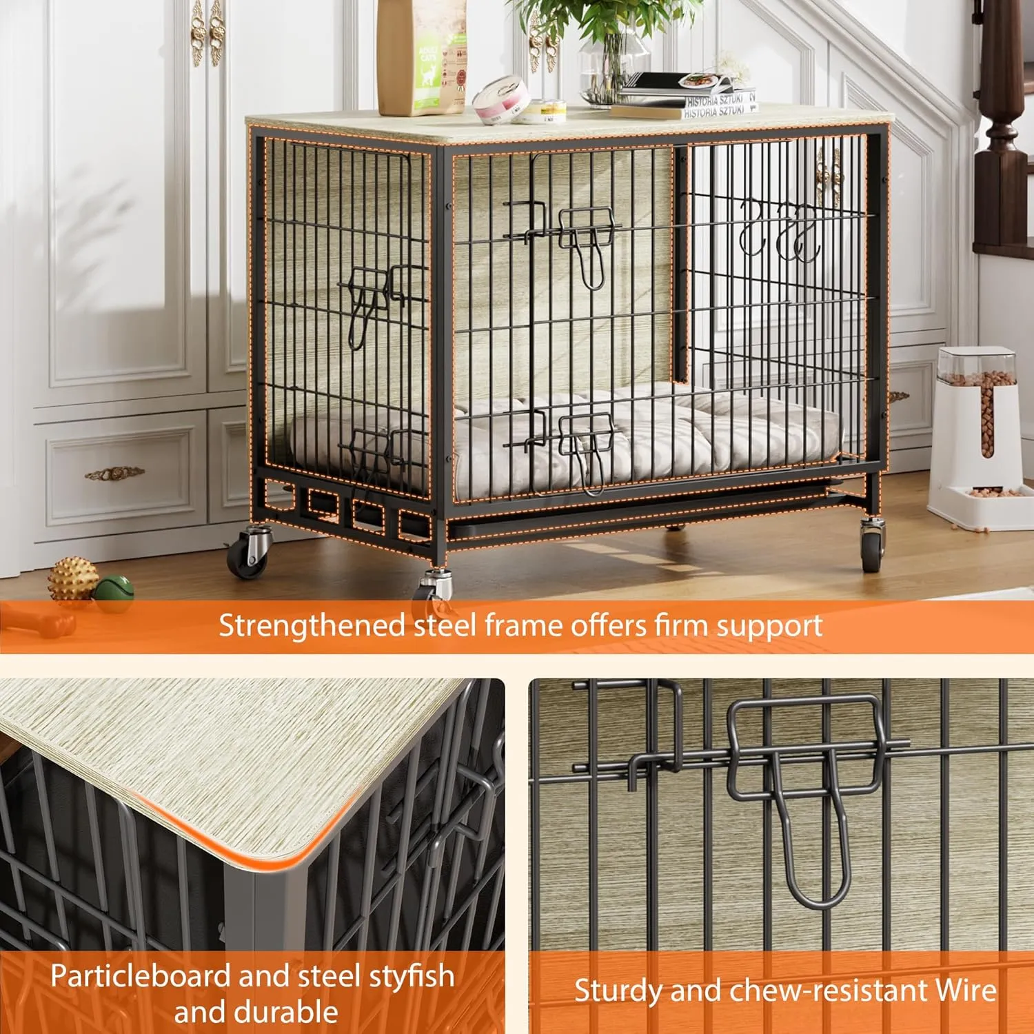 Dog Crate Furniture, 32.5" Wooden Dog Kennel with Wheels & Double Doors, Dog Cage End Table Upgraded, Indoor Dog Crate House for Small Medium Dogs, Rustic Grey