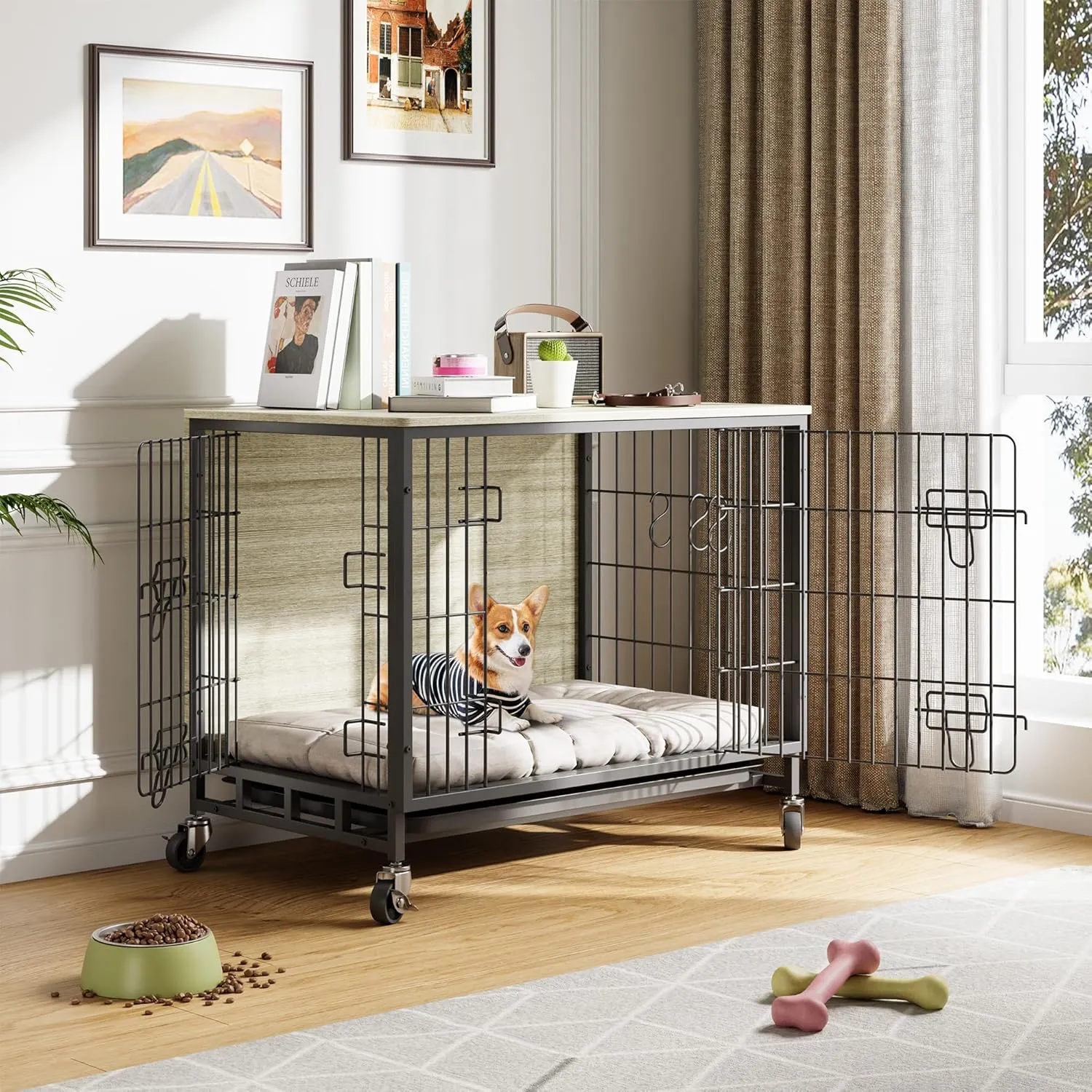 Dog Crate Furniture, 32.5" Wooden Dog Kennel with Wheels & Double Doors, Dog Cage End Table Upgraded, Indoor Dog Crate House for Small Medium Dogs, Rustic Grey
