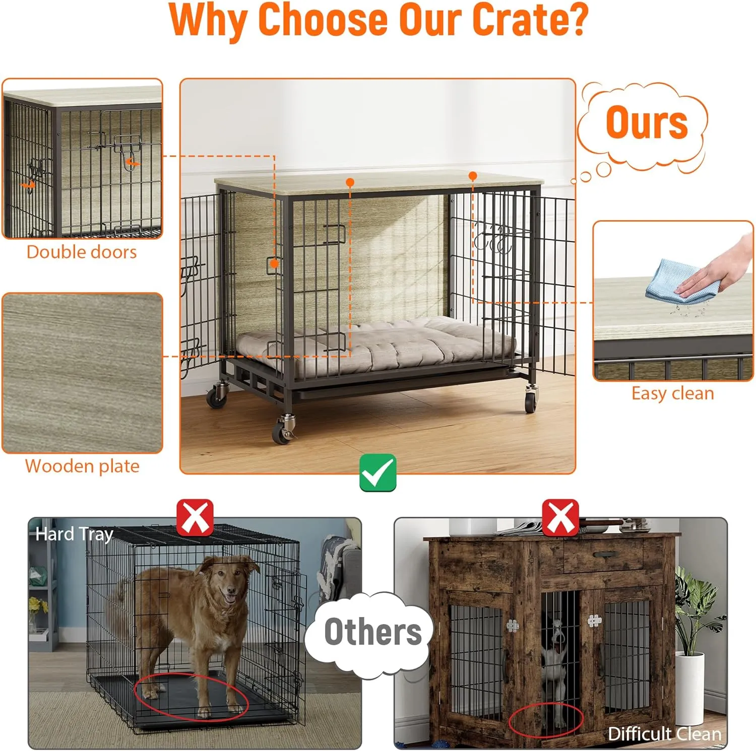 Dog Crate Furniture, 32.5" Wooden Dog Kennel with Wheels & Double Doors, Dog Cage End Table Upgraded, Indoor Dog Crate House for Small Medium Dogs, Rustic Grey