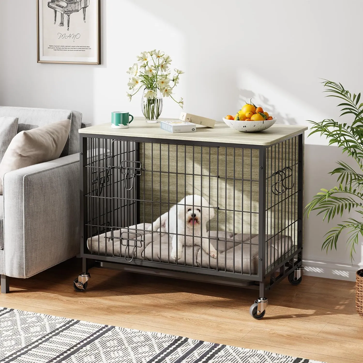 Dog Crate Furniture, 32.5" Wooden Dog Kennel with Wheels & Double Doors, Dog Cage End Table Upgraded, Indoor Dog Crate House for Small Medium Dogs, Rustic Grey
